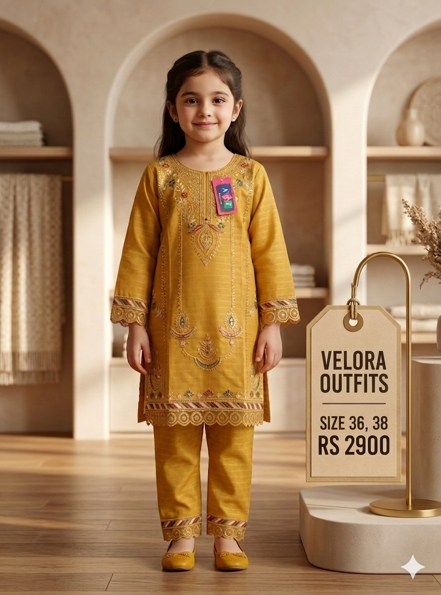 Yellow Embroidered Cotton Kids Suit for Girls β 2 Piece Dress with Sequins (Sitara / Chamki) Work | Sizes 32β38 | Velora Outfits