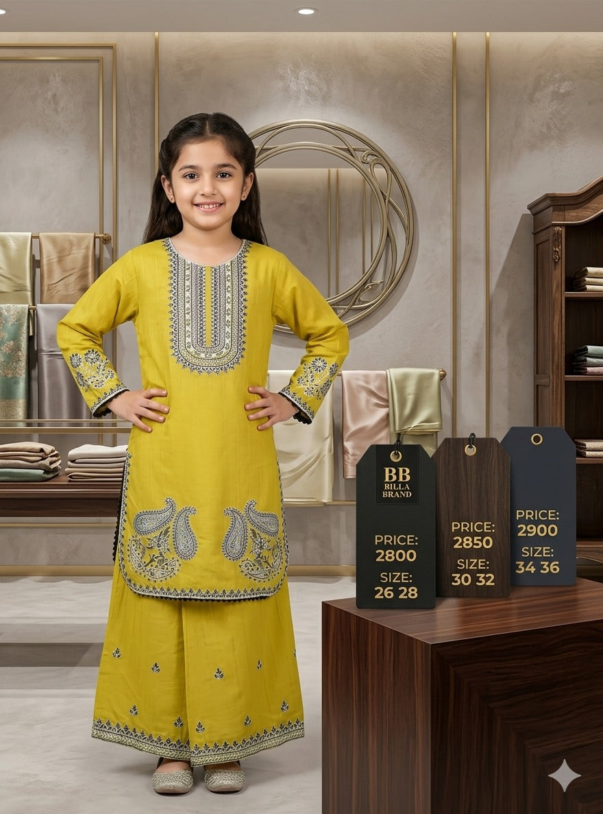 Embroidered Cotton Kids Suit for Girls – Yellow 2 Piece Dress with Shalwar | Sizes 26–36 | Velora Outfits