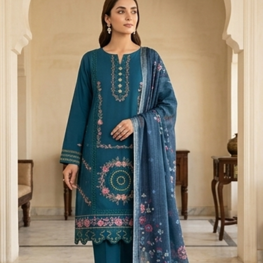 Velora Teal Blue Embroidered Lawn 3 Piece Suit – Premium Summer Collection