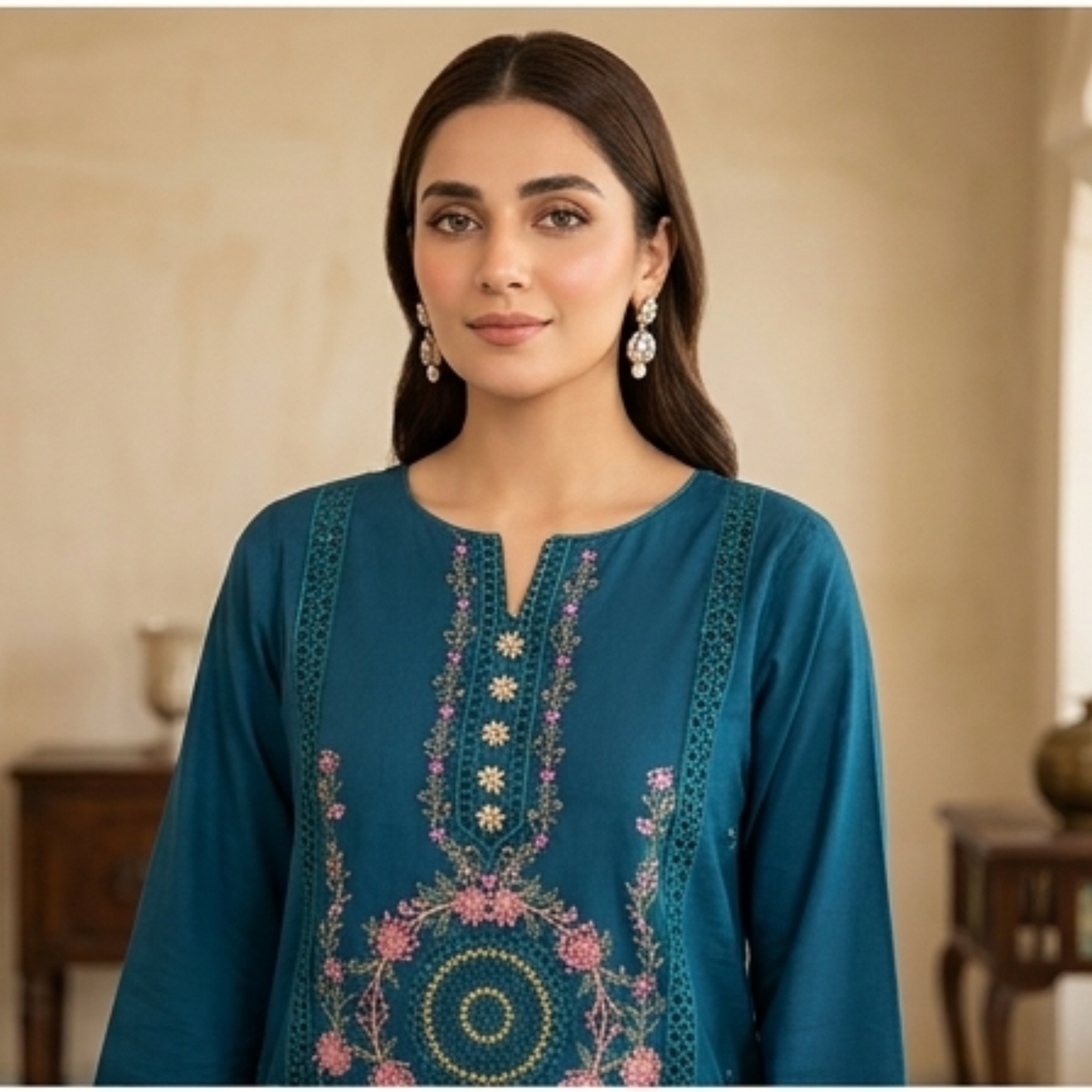 Velora Teal Blue Embroidered Lawn 3 Piece Suit – Premium Summer Collection