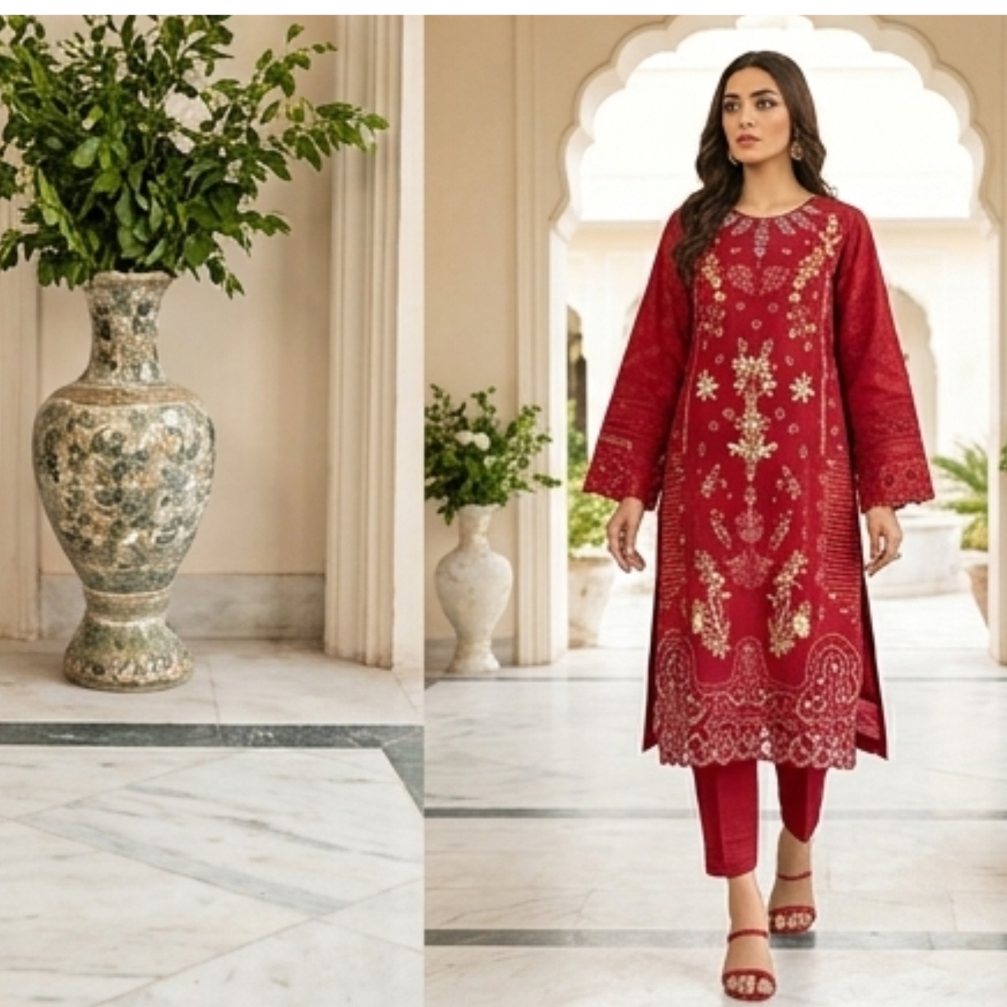 Velora Red Printed Lawn 3 Piece Suit – Summer Collection