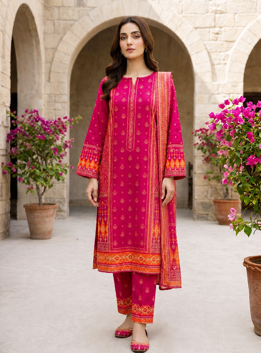Velora Red Printed Lawn 3 Piece Suit – Summer Collection