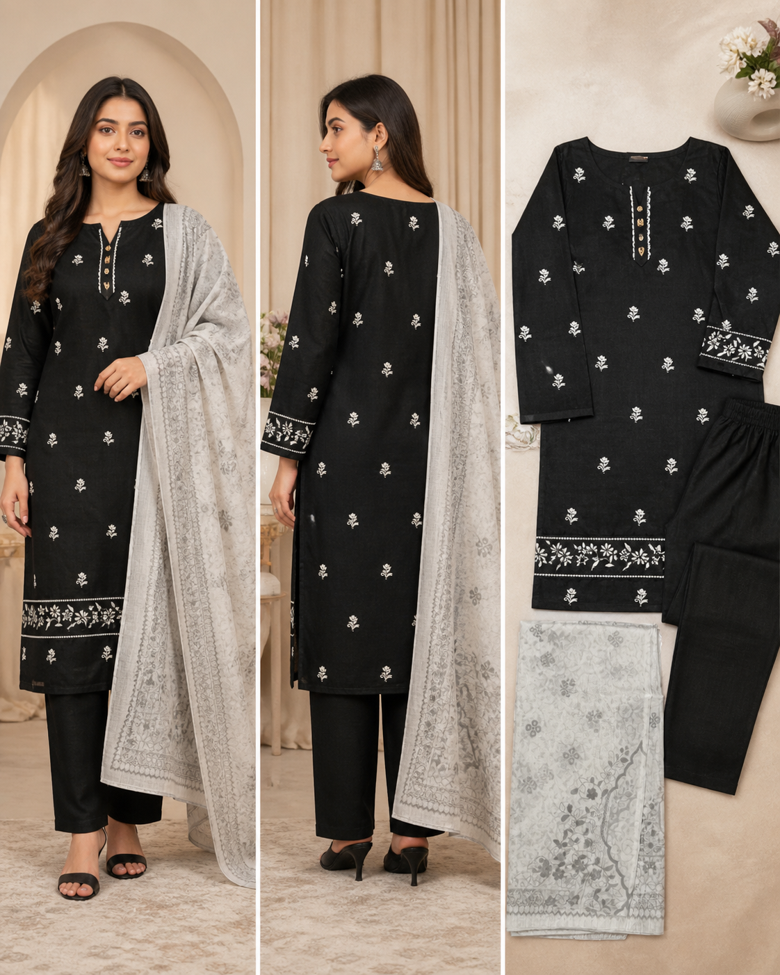 Velora Black & White Printed Lawn 3 Piece Suit – Elegant Collection