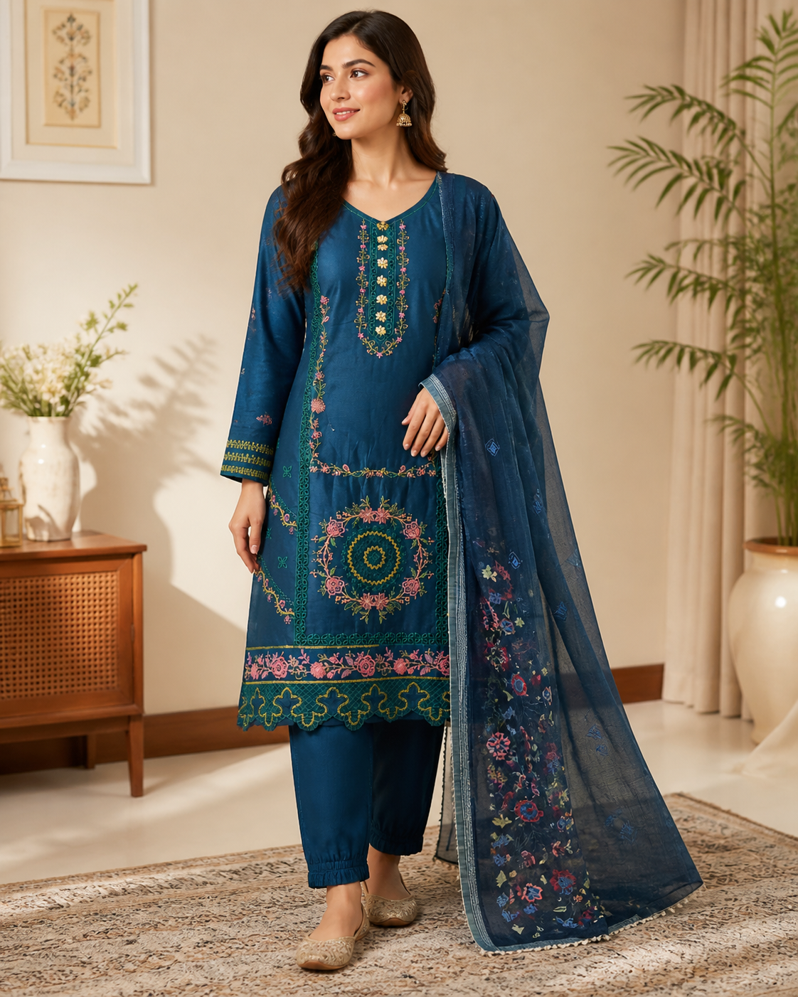 Velora Teal Blue Embroidered Lawn 3 Piece Suit – Premium Summer Collection