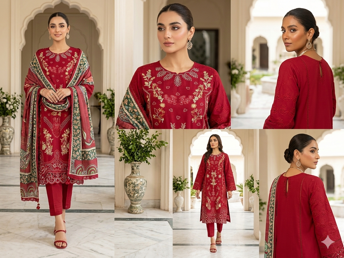 Velora Red Printed Lawn 3 Piece Suit – Summer Collection