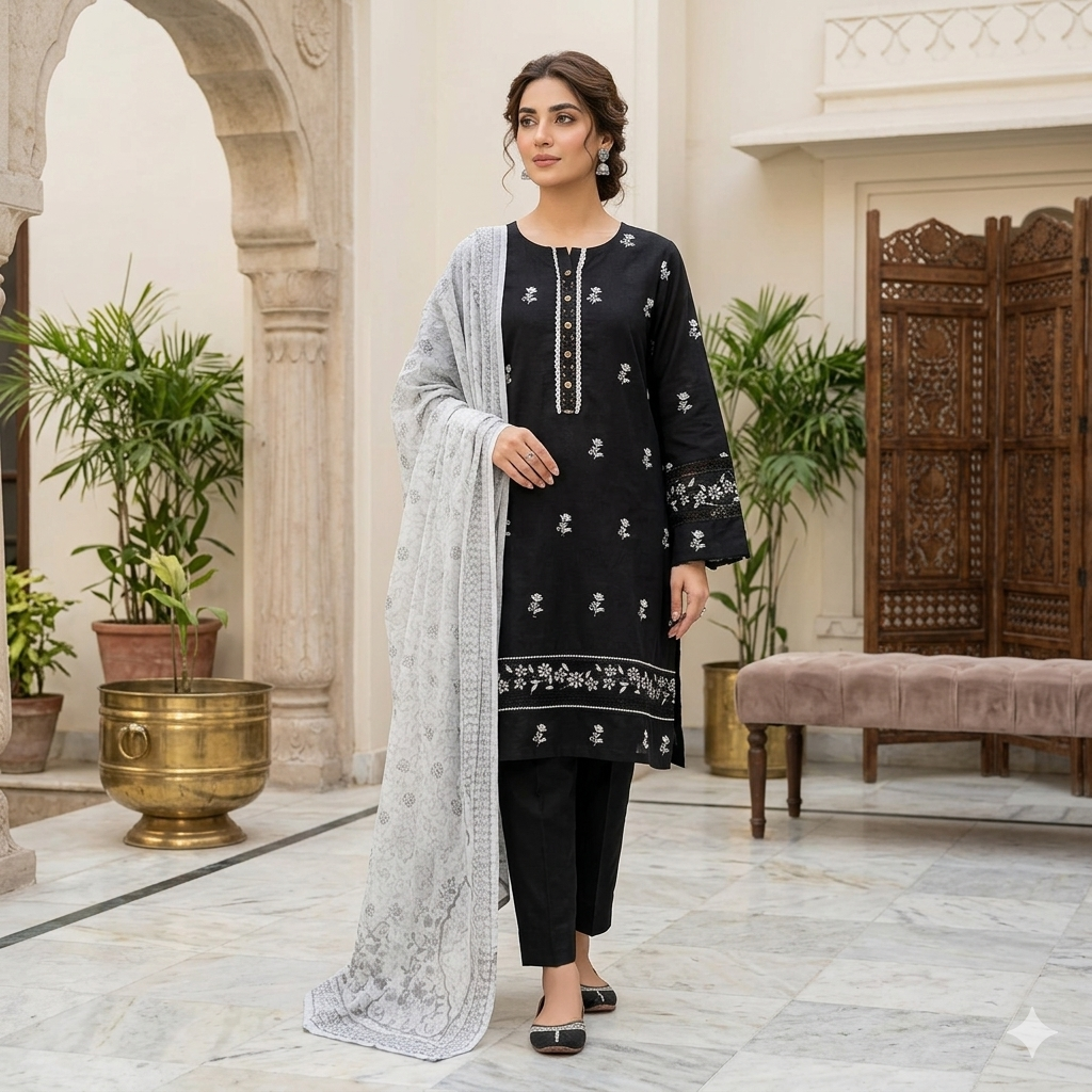 Velora Black & White Printed Lawn 3 Piece Suit – Elegant Collection
