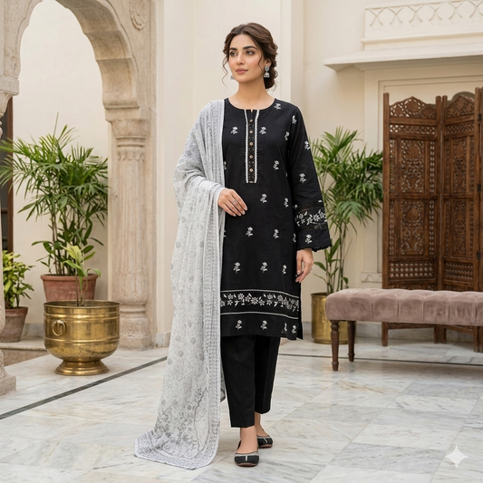 Velora Black & White Printed Lawn 3 Piece Suit – Elegant Collection