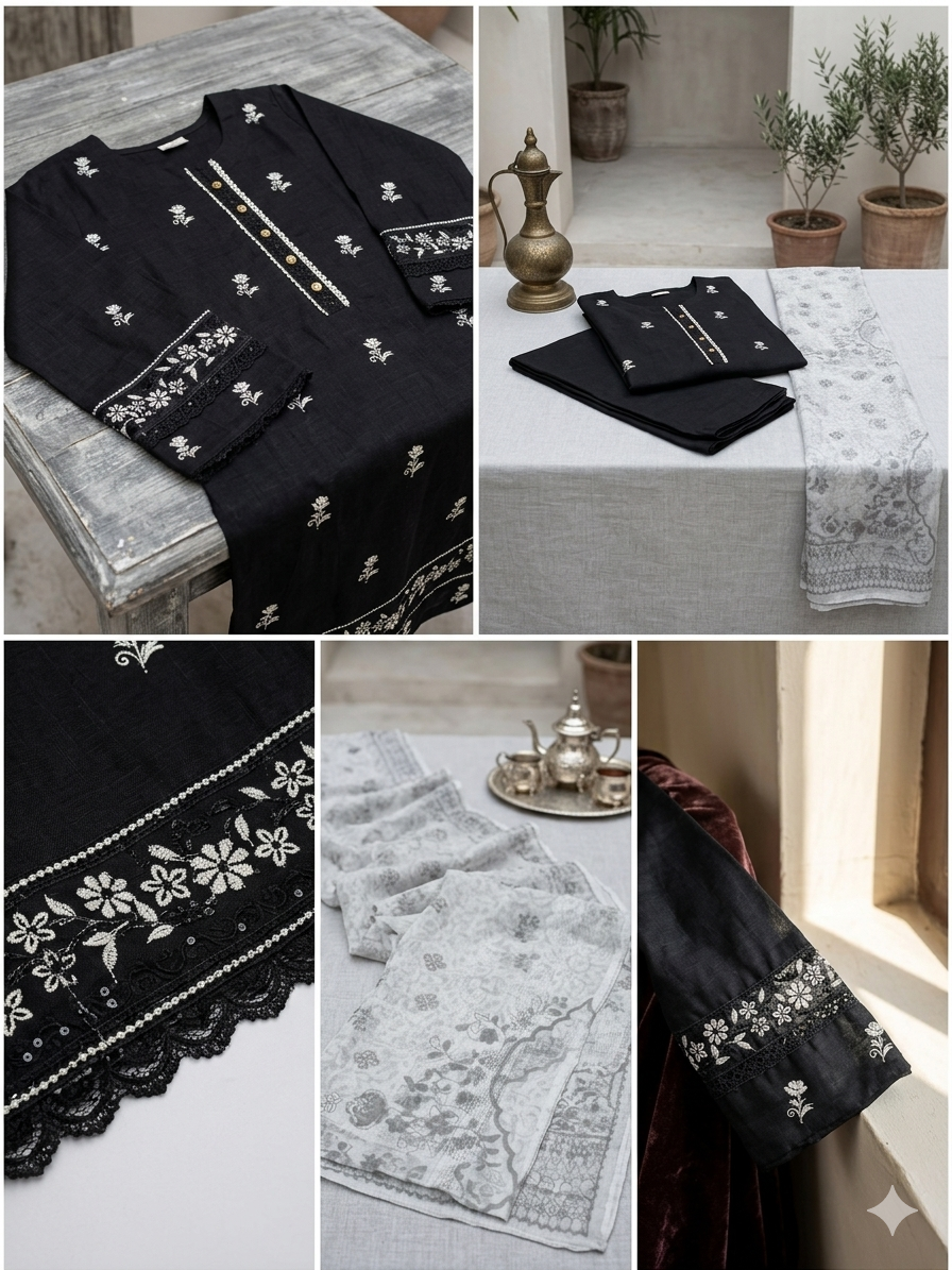 Velora Black & White Printed Lawn 3 Piece Suit – Elegant Collection