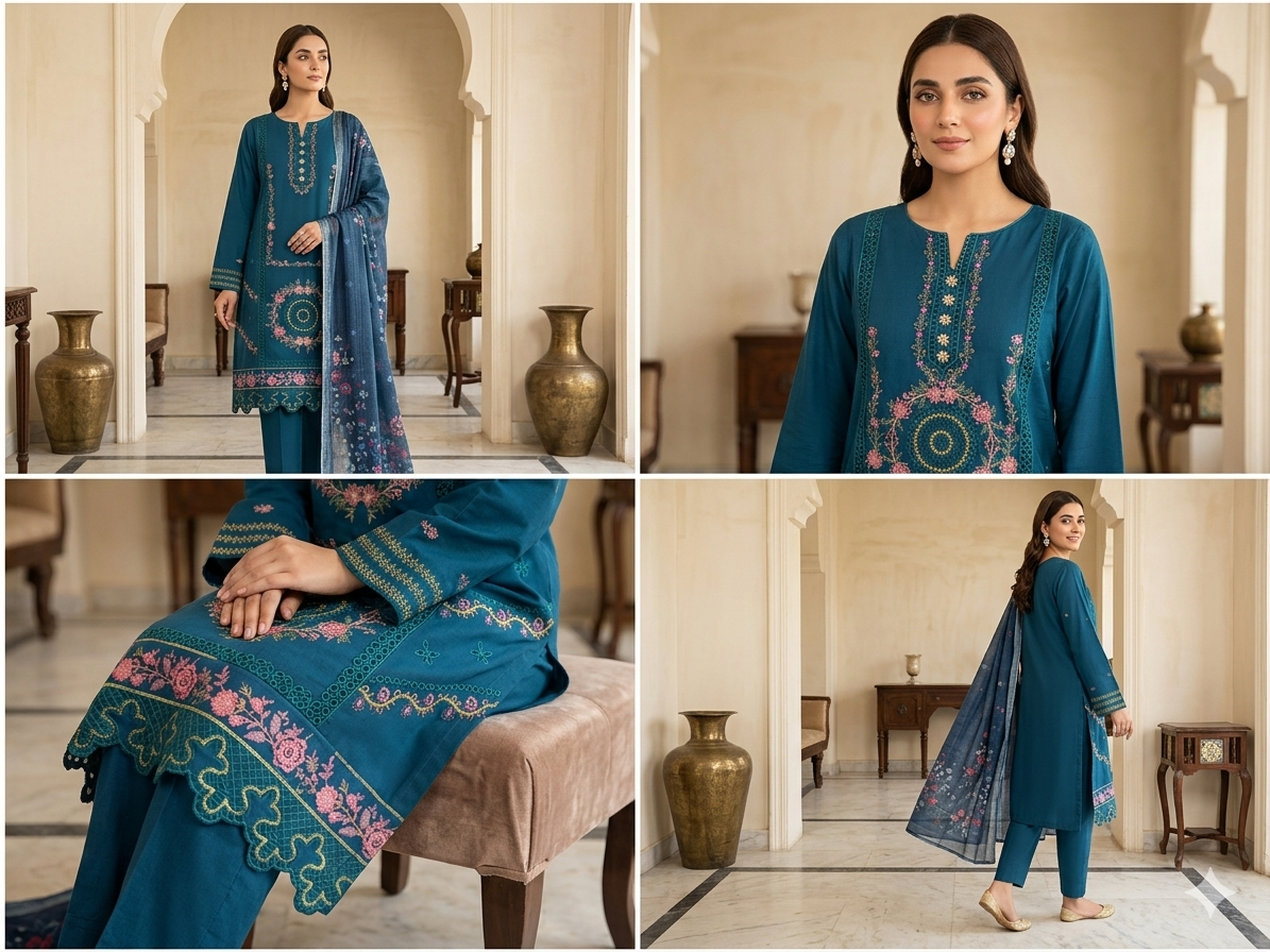 Velora Teal Blue Embroidered Lawn 3 Piece Suit – Premium Summer Collection