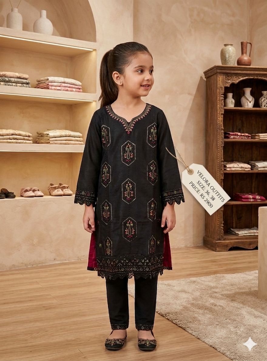 Black Embroidered Cotton Kids Suit for Girls – 2 Piece Dress with Stary(Pearl) Work & Panchay Embroidery | Sizes 32–38 | Velora Outfits