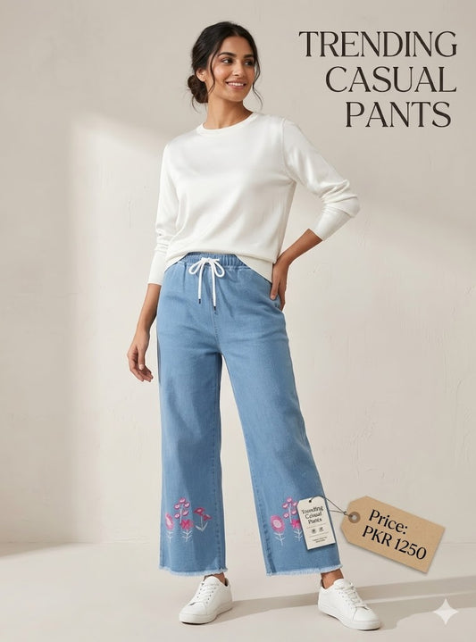 Denim Jogger Pants – Classic & Trendy Styles (Light Blue with Floral Design)