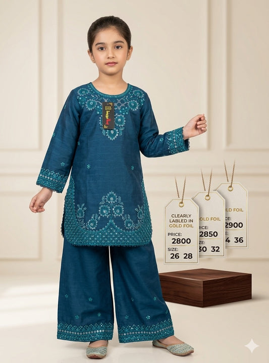 Embroidered Cotton Kids Suit for Girls – 2 Piece Blue Dress with Shalwar | Sizes 26–36 | Velora Outfits